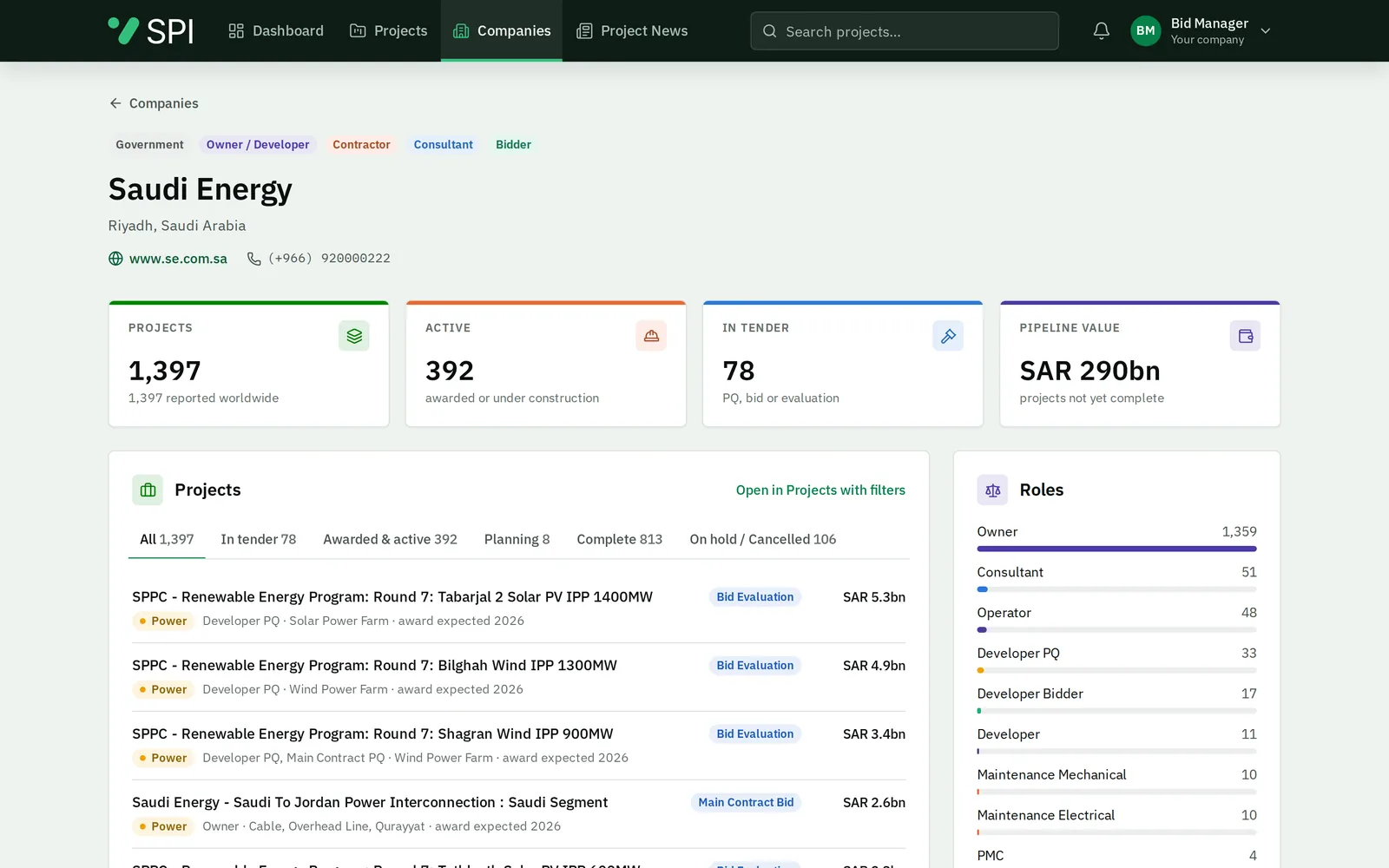 A company page in SPI with its projects and roles